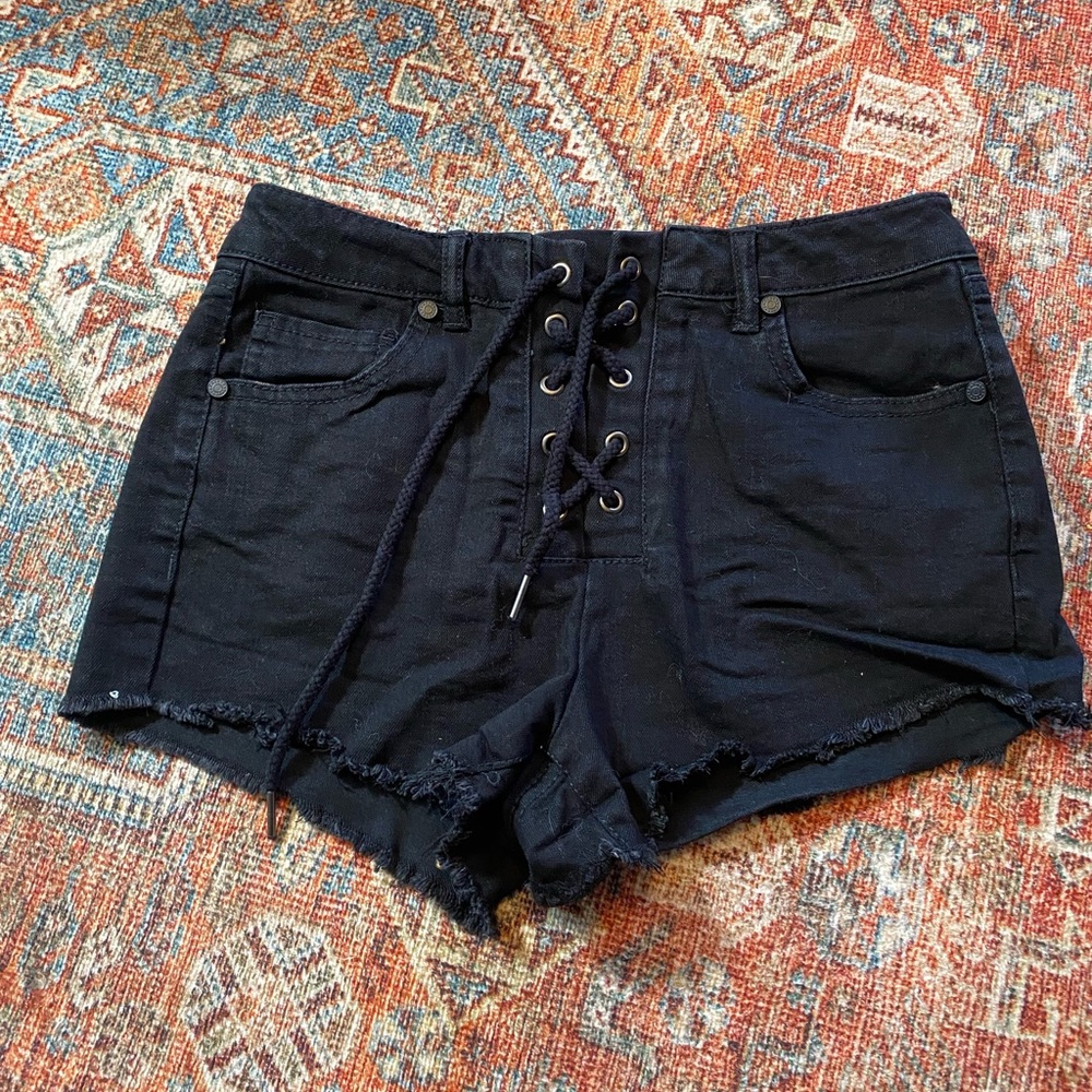 Black Lace-Up Denim Shorts